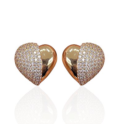 Brinco Folheado Ouro 18k e Prata 925 Coração Cravejado