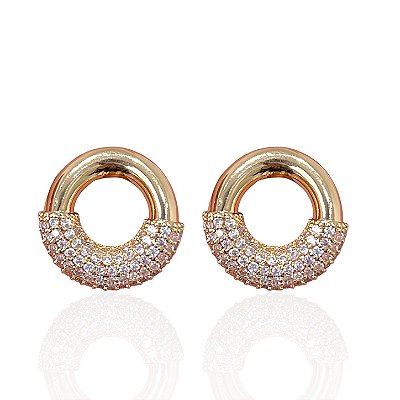 Brinco Folheado Ouro 18k e Prata 925 Redondo Vazado Cravejado