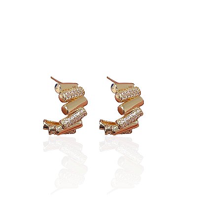 Brinco Folheado Ouro 18k e Prata 925 Argola palitos Cravejado