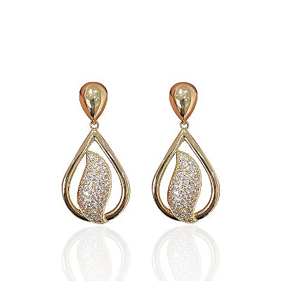 Brinco Folheado Ouro 18k e Prata 925 Gota Cravejada