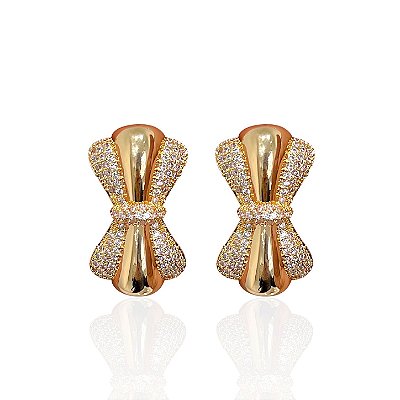 Brinco Folheado Ouro 18k e Prata 925 Laço Cravejado