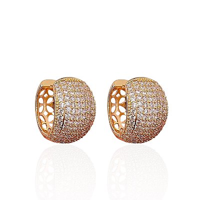 Brinco Folheado Ouro 18k e Prata 925 Redondo Cravejado