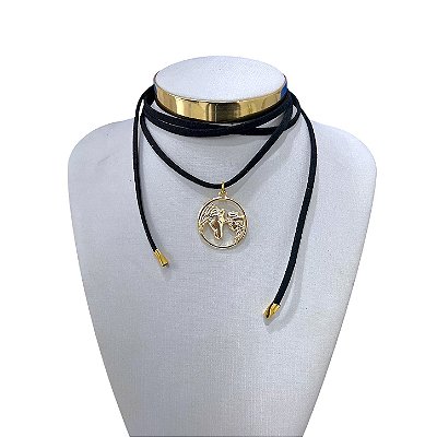 Choker Couro Bijuteria Dourado Country Mandala Amazonas