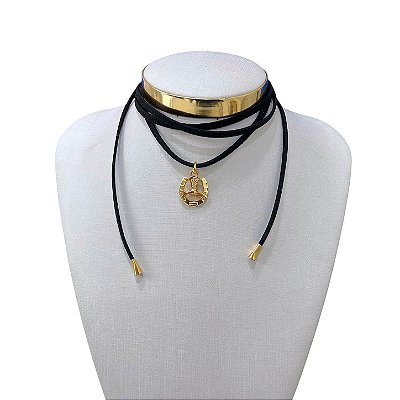 Choker Couro Bijuteria Dourado Country Ferradura Bota