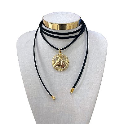 Choker Couro Bijuteria Dourado Country Cavalo