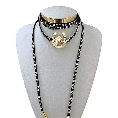 Choker Couro Bijuteria Dourado Country Ferradura Cavalo
