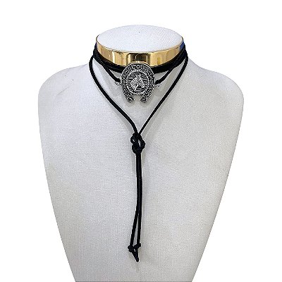 Choker Couro Bijuteria Prata Country Ferradura Cavalo
