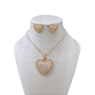 Conjunto Folheado Ouro 18K e Prata 925 Coração Cravejado