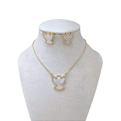Conjunto Folheado Ouro 18K e Prata 925 Espírito Santo Madrepérola Cravejado