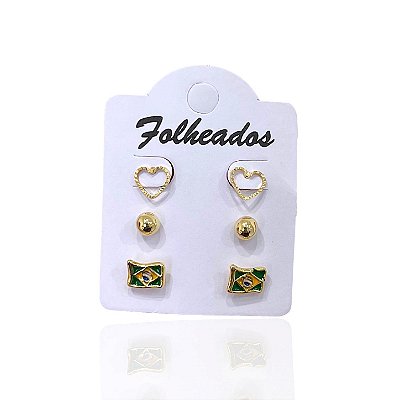 Trio Brincos Folheado Ouro 18k e Prata 925 Bandeira do Brasil