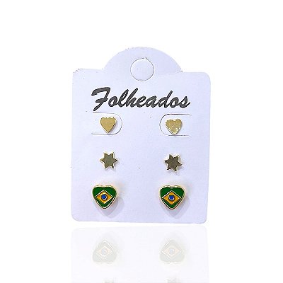 Trio Brincos Folheado Ouro 18k e Prata 925 Coração Brasil
