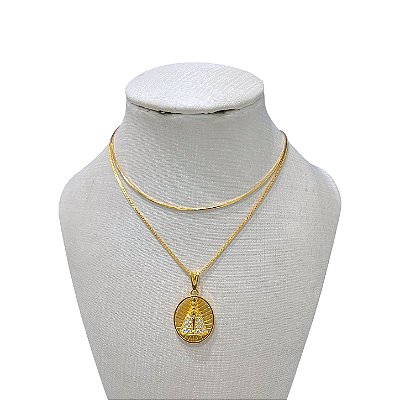 Choker Dupla Folheada Ouro 18k Nossa Senhora Cravejada