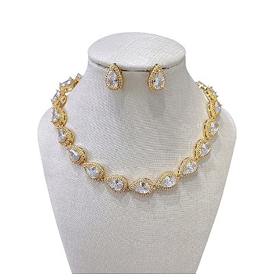 Conjunto Folheado Ouro 18k e Prata 925 Inspired Gota Cravejada