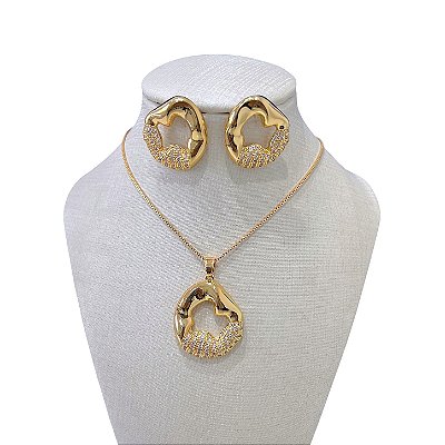 Conjunto Folheado Ouro 18k e Prata 925 Orgânico Vazado Cravejado