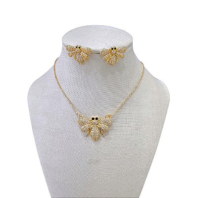Conjunto Folheado Ouro 18k e Prata 925 Vespa Cravejada