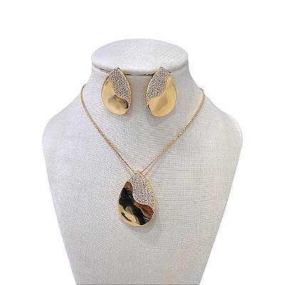 Conjunto Folheado Ouro 18k e Prata 925 Gota Cravejada