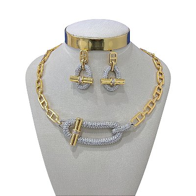 Conjunto Folheado Dois Banhos Inspired Trava Cravejado