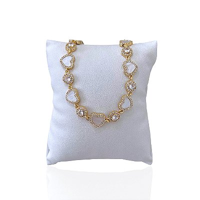 Pulseira Folheada Ouro 18k e Prata 925 Inspired Corações Madrepérola Cravejado
