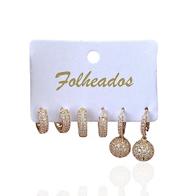 Trio Brincos Folheado Ouro 18k e Prata 925 Argolas Redondo Cravejado