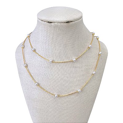 Colar Duplo Folheado Ouro 18k Mini Bolinhas Pérolas