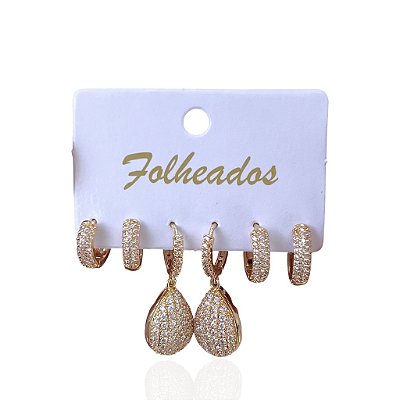 Trio Brincos Folheado Ouro 18k e Prata 925 Argola Gota Cravejada