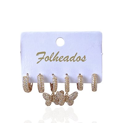 Trio Brincos Folheado Ouro 18k e Prata 925 Argola Borboleta Cravejada