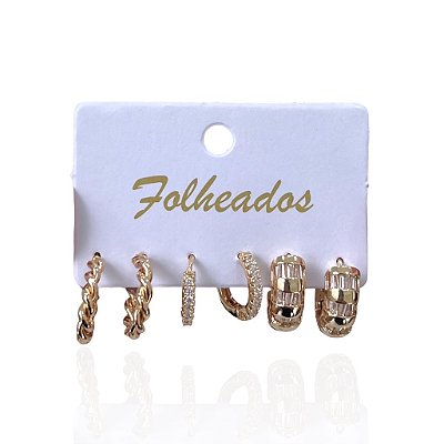Trio Brincos Folheado Ouro 18k e Prata 925 Argolas Cravejada