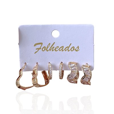 Trio Brincos Folheado Ouro 18k e Prata 925 Argolas Coração Cravejada