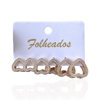 Trio Brincos Folheado Ouro 18k e Prata 925 Argola Coração Vazada Cravejada
