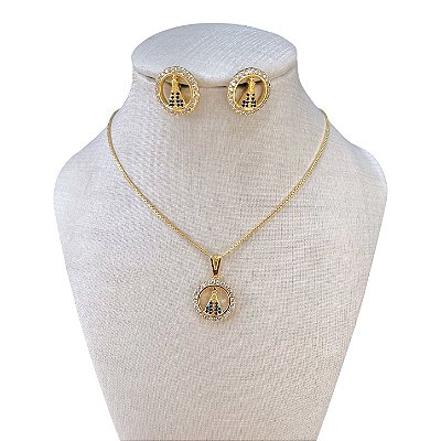 Conjunto Folheado Ouro 18k e Prata 925 Nossa Senhora Cravejada Redondo Mini