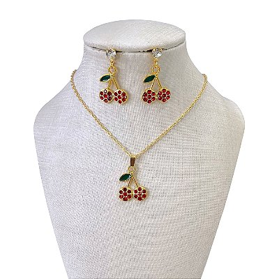 Conjunto Folheado Ouro 18k e Prata 925 Cereja Strass