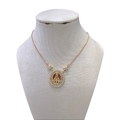 Colar Folheado Ouro 18k e Prata 925 Nossa Senhora Cravejada