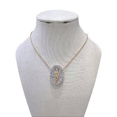 Colar Folheado Ouro 18k e Prata 925 Nossa Senhora das Graças Cravejada