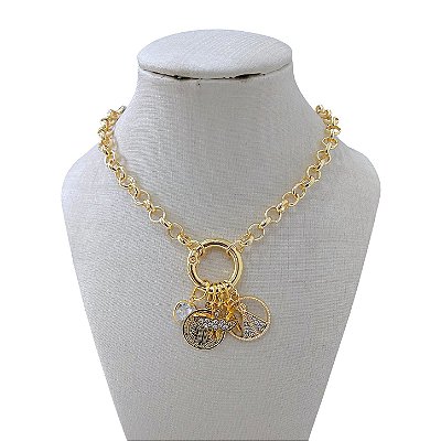Colar Folheado Ouro 18k Correntaria Mandala Religioso Cravejado