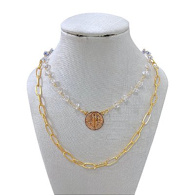 Colar Duplo Folheado Ouro 18k Correntaria Cristal São Bento