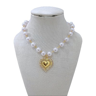Colar Folheado Ouro 18k Pérolas Coração Strass