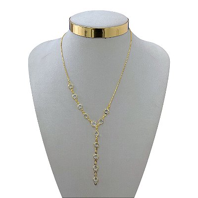 Colar Longo Folheado Ouro 18k Gravatinha Cristal