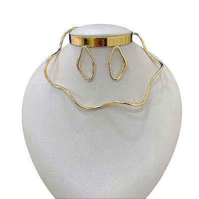 Conjunto Aro Bijuteria Dourado e Prata Ondulado