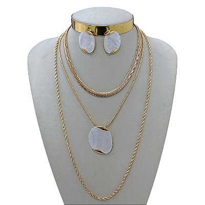 Conjunto Bijuteria Triplo Lacraia Cordão Baiano Orgânico Madrepérola