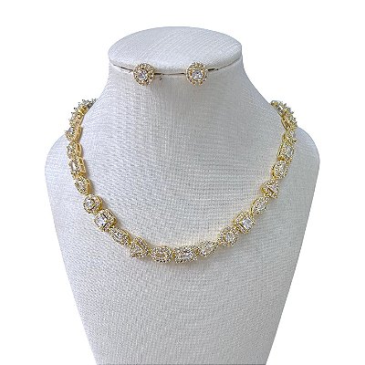 Conjunto Folheado Ouro 18k e Prata 925 Formatos Inspired Cravejado