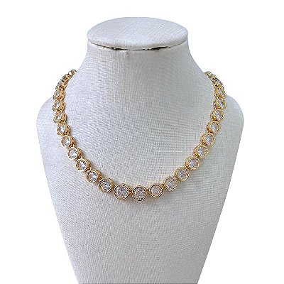 Colar Folheado Ouro 18k e Prata 925 Redondo Inspired Cravejado