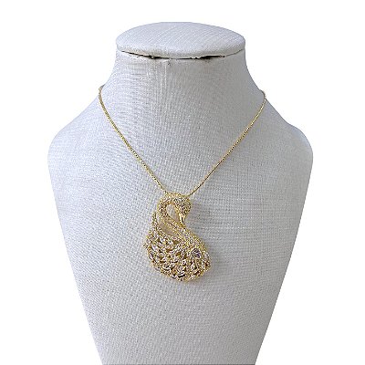 Colar Folheado Ouro 18k e Prata 925 Cisne Inspired Cravejado