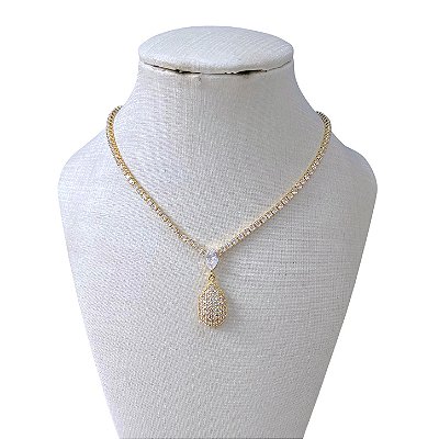 Colar Folheado Ouro 18k e Prata 925 Riviera Gota Cravejada