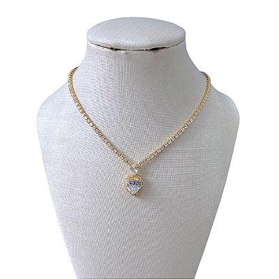 Colar Folheado Ouro 18k e Prata 925 Riviera Coração Cristal Cravejada