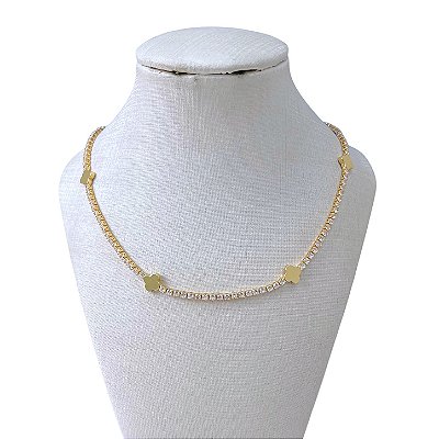 Colar Folheado Ouro 18k e Prata 925 Riviera Trevo Cravejado