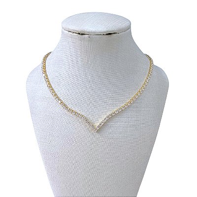 Colar Folheado Ouro 18k e Prata 925 Riviera V Cravejado
