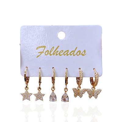 Trio Brincos Folheado Ouro 18k e Prata 925 Argolas Estrela Borboleta Cravejado