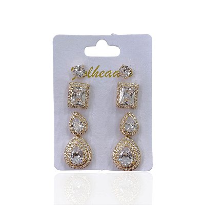 Quatro Brincos Folheado Ouro 18k e Prata 925 Gota Cravejado