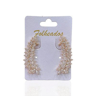 Brinco Folheado Ouro 18k e Prata 925 Ear Cuff Folhas Cravejado