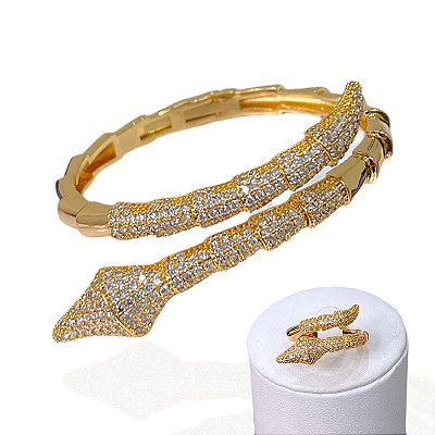 Conjunto Anel e Bracelete Folheado Ouro 18k e Prata 925 Serpente Cravejada